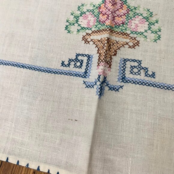 Vintage White Linen Tablecloth Embroidered Cross Stitched Floral Baskets - Picture 5 of 7